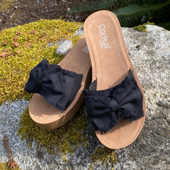 Corkys Spray Tan Sandals in Black Canvas - Picture 2 of 9